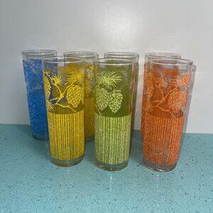 Starlyte MCM Collins Glasses Pine Cone Stenciled Textured Set Of 7